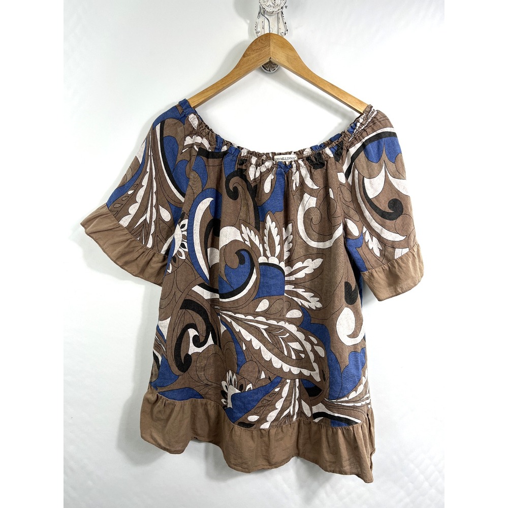 Terzo Millennio Women's Linen Blouse Top Large Italy Ruffle Sleeve Coastal Boho